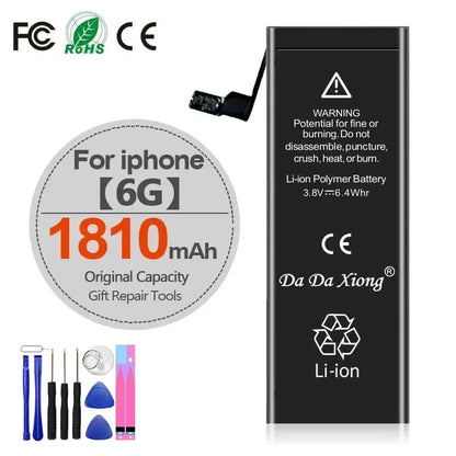 Product image of High Capacity iPhone Battery 4-11 Pro Max 1800mAh+ with warning label, certification logos, and repair tools. Compatible with iPhone 4 to 11 Pro Max for extended battery life.