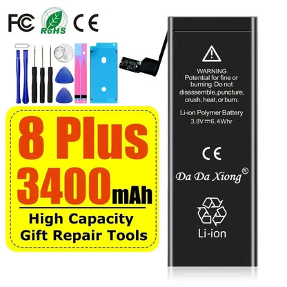 The High Capacity iPhone Battery for models 4-11 Pro Max, boasting over 1800mAh, includes a Li-ion battery and essential repair tools like screwdrivers and prying tools. The packaging emphasizes its extended battery life as a high-capacity solution.