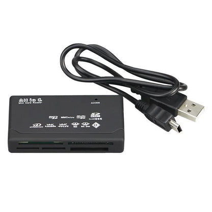 The USB 2.0 Mini Memory Card Reader With Multi-Card Support features a black design, built-in cable, and multiple labeled slots for SD, microSD, MMC, and more.