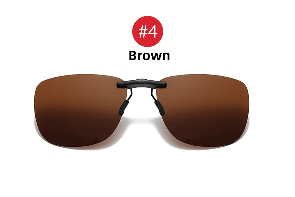 Brown-tinted sunglasses with a thin frame are shown on a white background. A red circle with #4 and Brown is above. These stylish Polarized Clip-On Sunglasses provide UV400 anti-glare protection to shield your eyes from harmful rays.