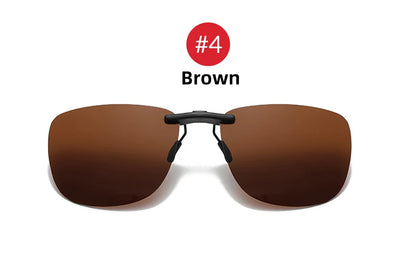 Brown-tinted sunglasses with a thin frame are shown on a white background. A red circle with #4 and Brown is above. These stylish Polarized Clip-On Sunglasses provide UV400 anti-glare protection to shield your eyes from harmful rays.
