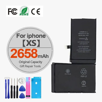 Image shows two High Capacity iPhone Battery 4-11 Pro Max 1800mAh+ with toolkits, FCC/CE/RoHS certification, and text for extended battery life. Compatible with iPhone 4-11 Pro Max. Includes free repair tools as a gift.