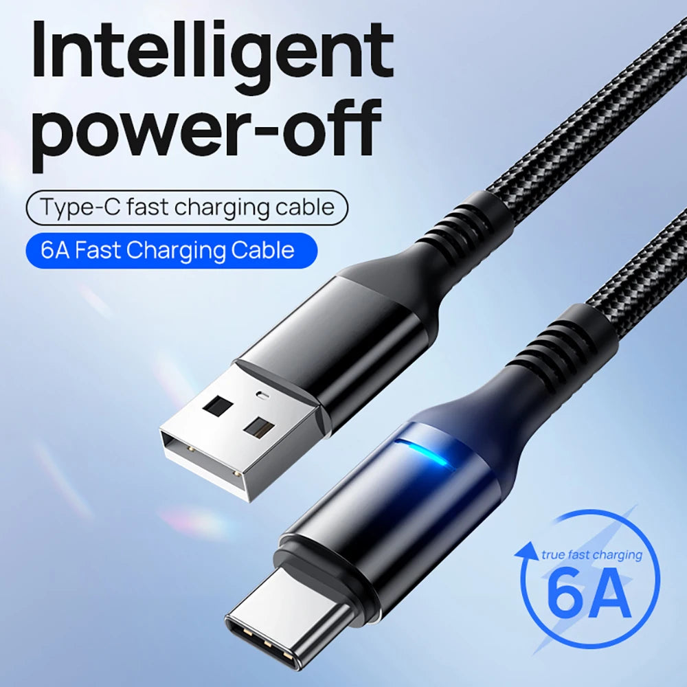 Close-up of a black-textured USB-C 100W Fast Charging Cable with a USB and Type-C connector featuring an LED display with blue light. Text reads Smart Auto Power-Off and 6A Fast Charging Cable, alongside a prominent circular 6A logo.