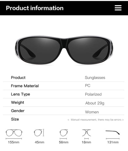 This image features MOKDUFF Polarized Sunglasses, boasting sleek black frames with UV400 protection. Crafted from PC material, theyre lightweight at 29g and designed for women. Measurements include a 155mm front width, 45mm lens height, 56mm lens width, 18mm bridge, and 131mm arm length.
