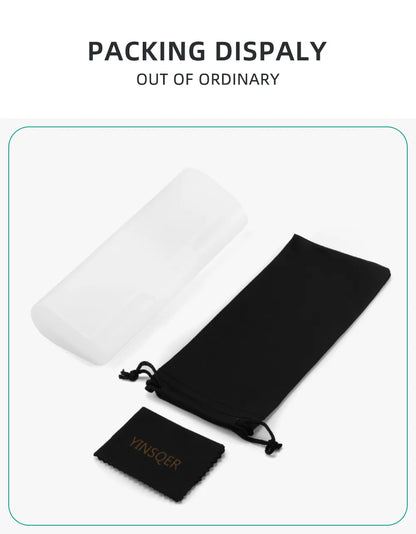 Image of a packaging set: clear plastic case, black drawstring pouch, and black cloth labeled YINSQER. Text reads PACKING DISPLAY OUT OF ORDINARY, perfect for showcasing the scratch-resistant lenses of your YINSQER Titanium Rimless Reading Glasses - Blue Light Blocking.