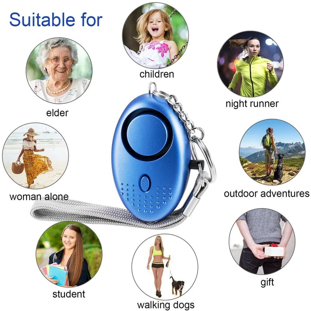 The 130dB Personal Safety Alarm Keychain is centered, surrounded by images depicting an elder, child, night runner, woman alone, outdoor adventurer, student, dog walker, and gifting scenarios. Its ideal for self-defense alerts.