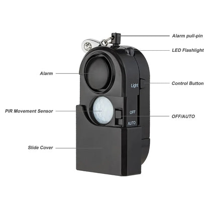 A labeled image of the KERUI Mini Motion Detector Alarm features its black design, alarm pull-pin, LED flashlight, control button, OFF/AUTO switch, PIR motion sensor, sliding cover, and a powerful 120DB Siren for enhanced personal security.