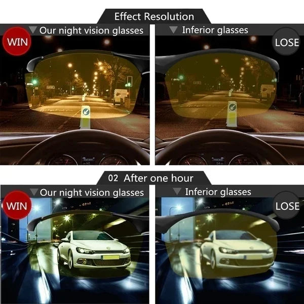A split image highlights the contrast between HARKO Polarized Night Vision Cycling Sunglasses for Outdoors and lesser lenses. The top row shows clearer nighttime roads, while the bottom enhances clarity when driving near a car.