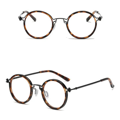 KLASSNUM Mens Round Glasses feature a stylish retro tortoiseshell frame, thin black metal arms, and anti blue light lenses. Shown from the front and side on a white background, these eyeglasses combine modern protection with classic design.