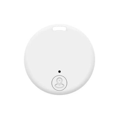 The Mini Bluetooth GPS Tracker for pets and kids is round, white, and features a pin icon at the bottom with a small hole near the center. It has a smooth surface, top indentation, and offers real-time location tracking for peace of mind.
