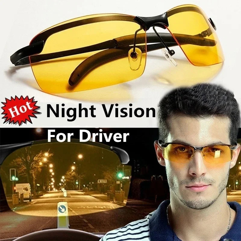 HARKO Polarized Night Vision Cycling Sunglasses are featured with an inset of a wearer. The background shows a nighttime street view through the lenses, with bold text reading Night Vision For Driver and a Hot label, perfect for outdoor adventures.