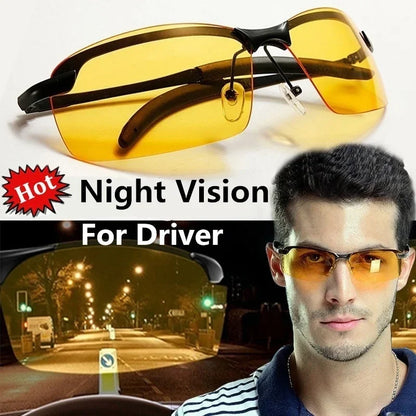HARKO Polarized Night Vision Cycling Sunglasses are featured with an inset of a wearer. The background shows a nighttime street view through the lenses, with bold text reading Night Vision For Driver and a Hot label, perfect for outdoor adventures.