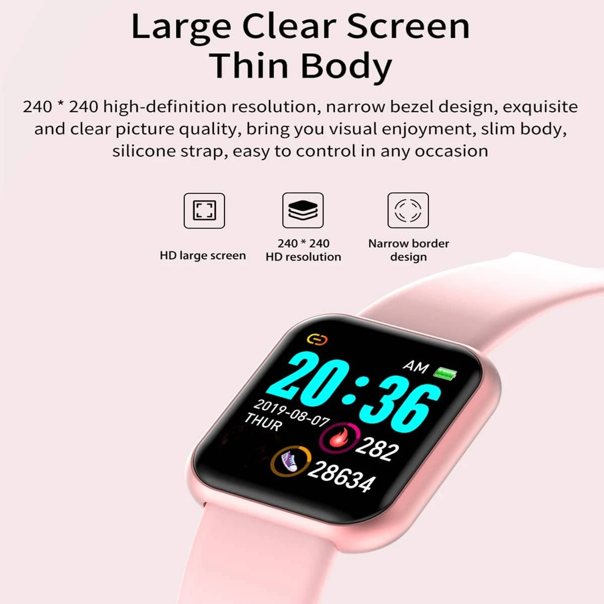 The Smart Watch for Men & Women - Bluetooth Fitness Tracker features a sleek design with a pink silicone strap, showing the time (20:36) and date (2019-08-22), plus fitness data. Enjoy HD resolution, a narrow bezel, slim body, and Bluetooth music control for seamless on-the-go listening.
