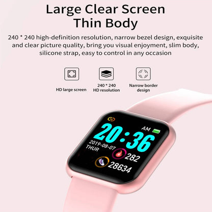 The Smart Watch for Men & Women - Bluetooth Fitness Tracker features a sleek design with a pink silicone strap, showing the time (20:36) and date (2019-08-22), plus fitness data. Enjoy HD resolution, a narrow bezel, slim body, and Bluetooth music control for seamless on-the-go listening.