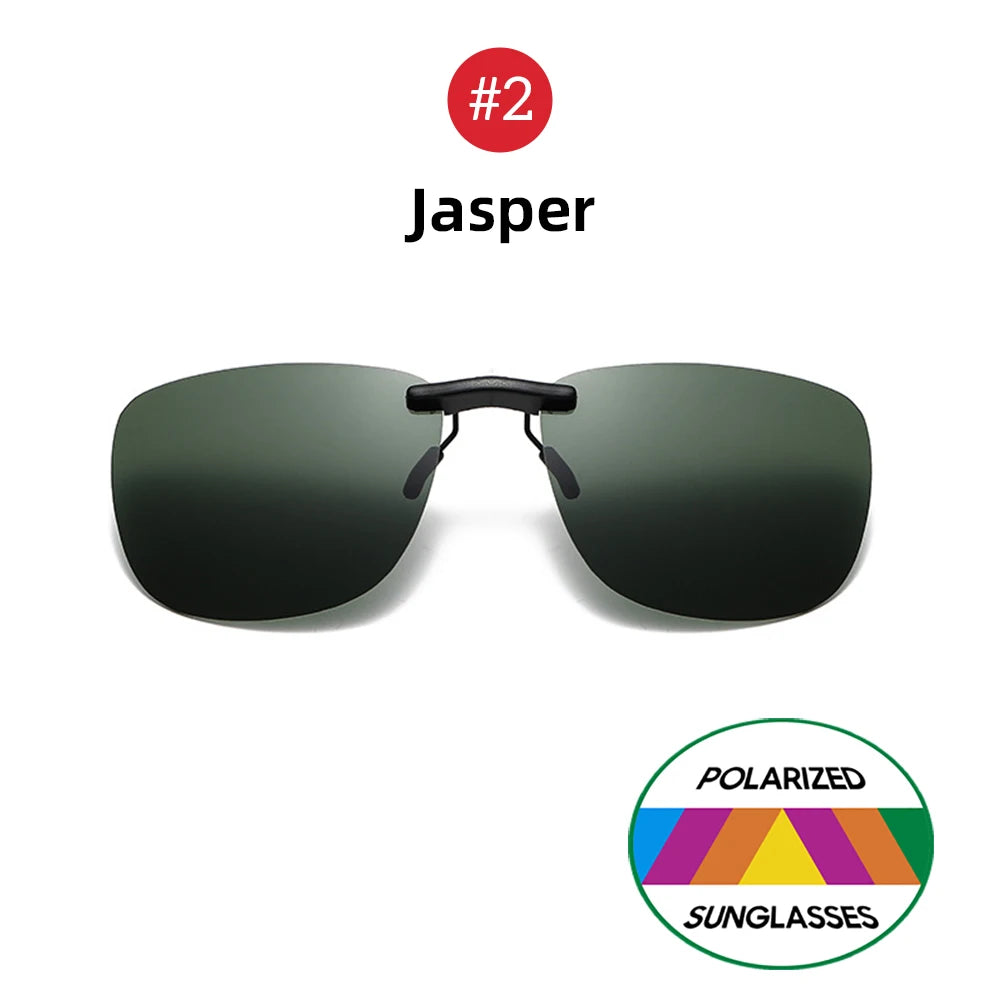 Minimalist Polarized Clip-On Sunglasses with dark green lenses offer UV400 protection, labeled Jasper, featuring a red circle with #2. A bottom right circle reads POLARIZED SUNGLASSES and is adorned with a rainbow triangle design.