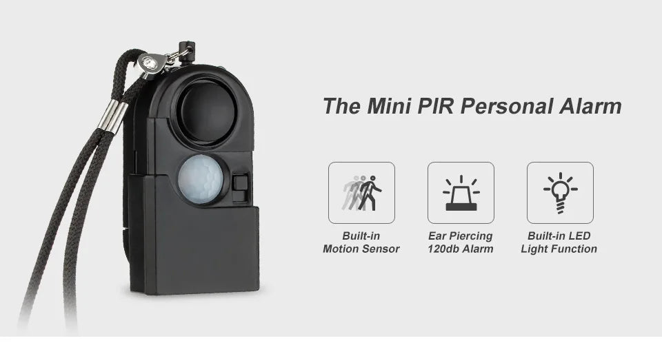 The KERUI Mini Motion Detector Alarm is a compact black personal security device with lanyard, 120DB siren, motion detection, and LED light. Its small size and built-in features provide effective on-the-go protection.