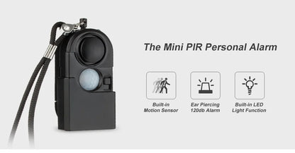 The KERUI Mini Motion Detector Alarm is a compact black personal security device with lanyard, 120DB siren, motion detection, and LED light. Its small size and built-in features provide effective on-the-go protection.