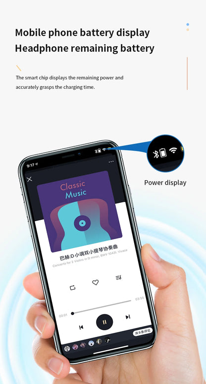 A hand holds a smartphone showing a music app playing Classic Music. The screen displays song details with playback controls. Text highlights the VAORLO Bluetooth 5.2 Mini Headphones mobile and headphone battery levels for seamless connectivity, while showcasing noise-cancelling features.
