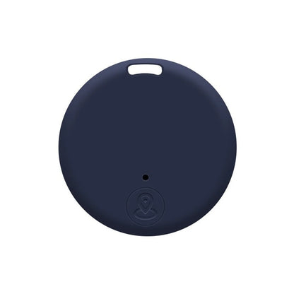 The Mini Bluetooth GPS Tracker - Smart Locator for Pets & Kids is round and dark blue, featuring a small top hole for attachment and an embossed location pin at the bottom. Ideal for real-time tracking, it stands out against a plain white background.