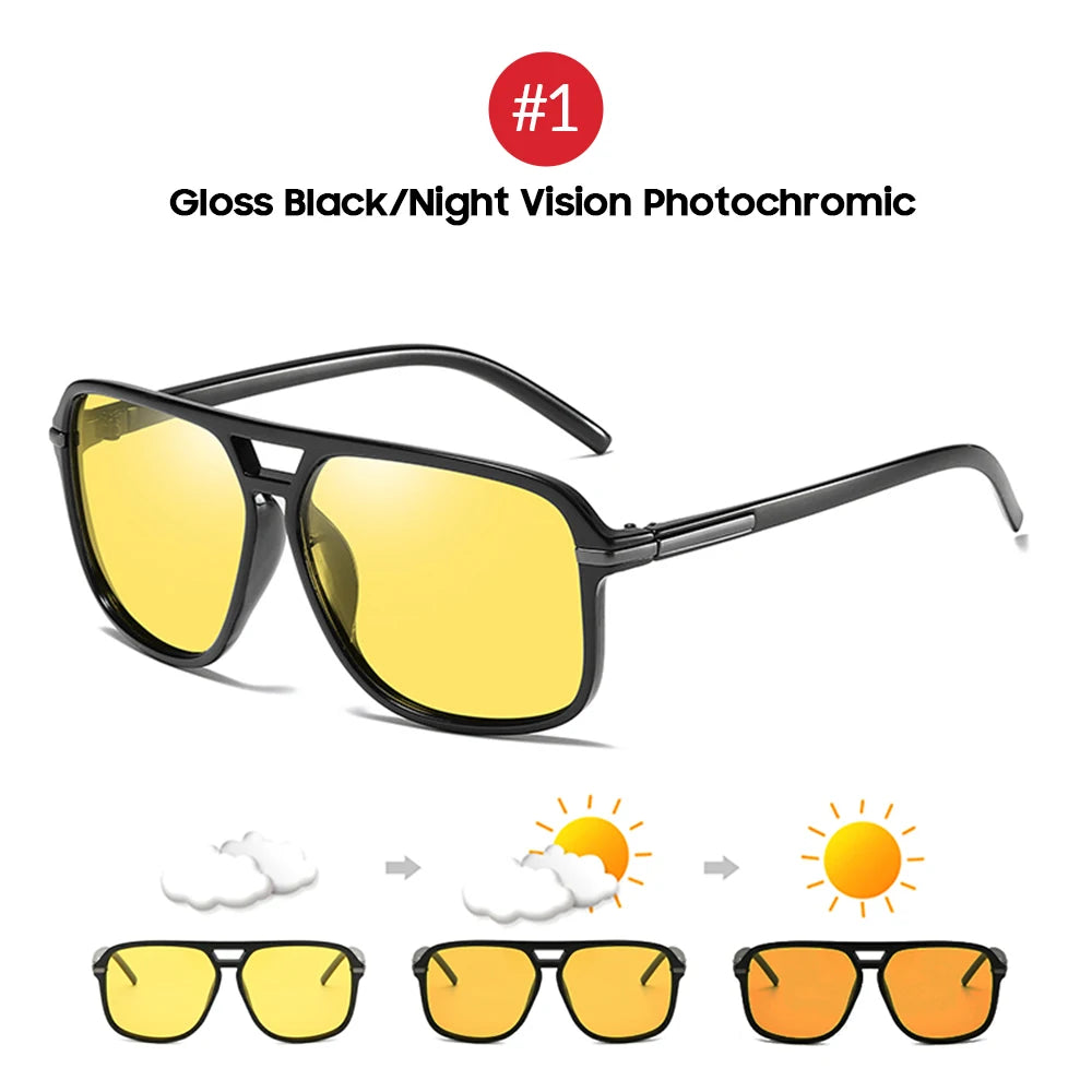 The VIVIBEE Mens Polarized Night Vision Glasses with black photochromic frames and yellow-tinted lenses adapt to various light conditions. Ideal for night driving or fishing, these stylish glasses feature a red circle with #1 above and Gloss Black/Night Vision Photochromic text below.