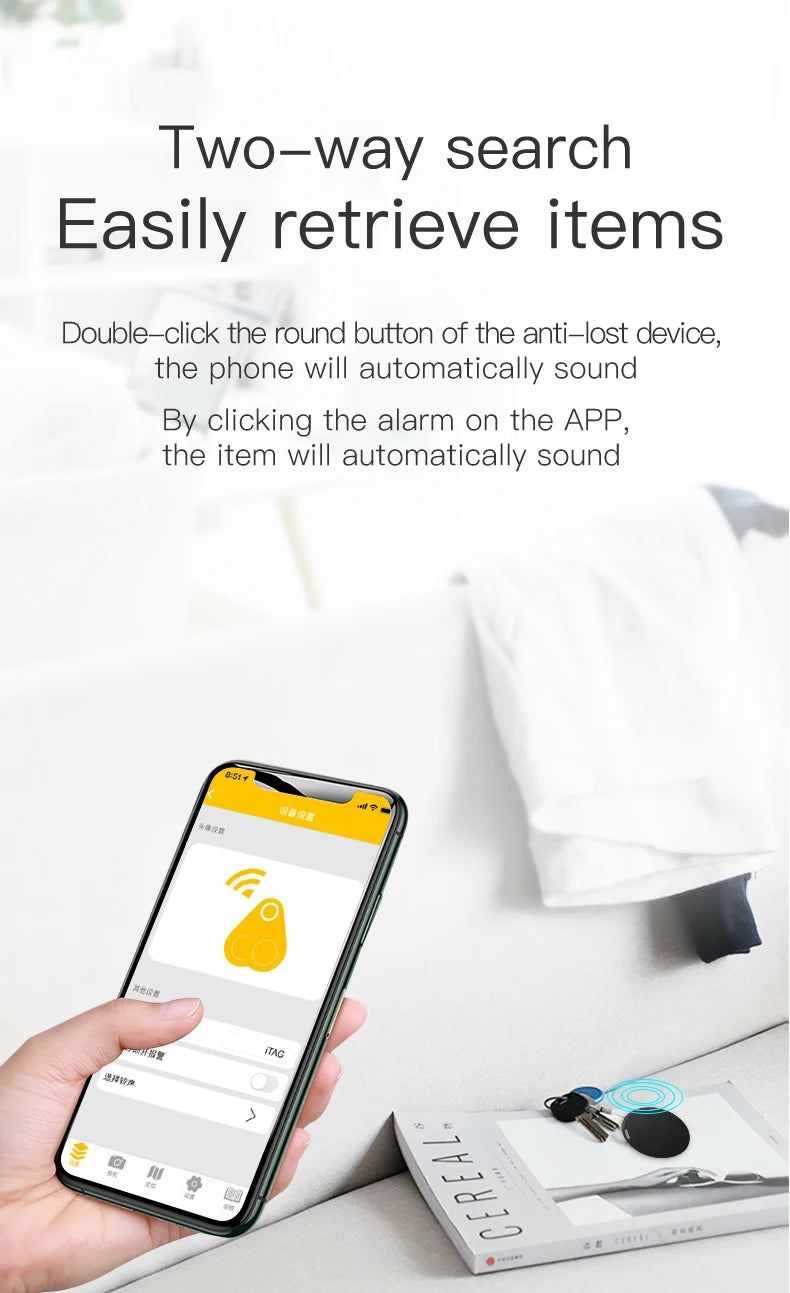 A smartphone with a yellow and white app interface is held next to books on a coffee table, featuring the Seamopar Mini GPS Tracker, highlighted for its two-way search feature to effortlessly find lost items with the Anti-Lost Bluetooth Key Finder.