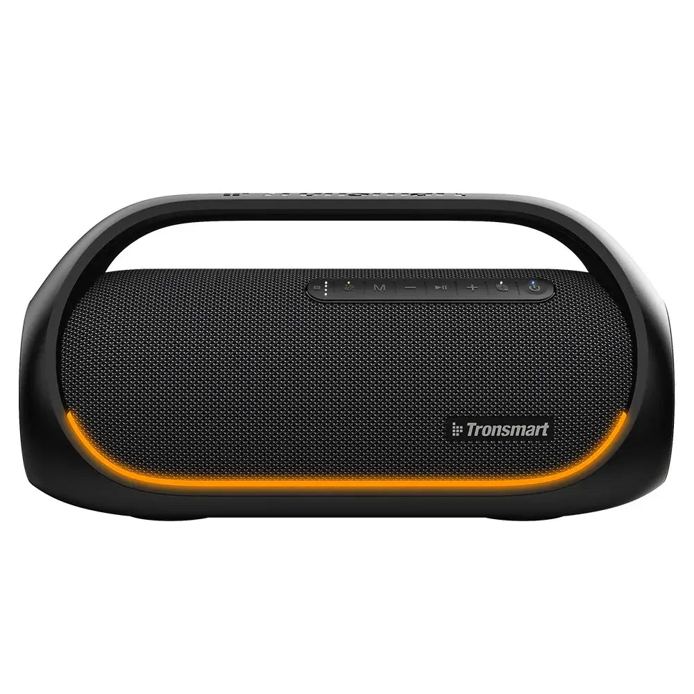 The black Tronsmart Bang Speaker, 60W Bluetooth, features an oval shape with a handle for portability. Its striking yellow accent border and top control panel cater to music lovers seeking heavy bass. Enjoy the convenience of app control to customize your audio experience.