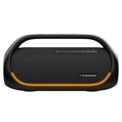 The black Tronsmart Bang Speaker, 60W Bluetooth, features an oval shape with a handle for portability. Its striking yellow accent border and top control panel cater to music lovers seeking heavy bass. Enjoy the convenience of app control to customize your audio experience.
