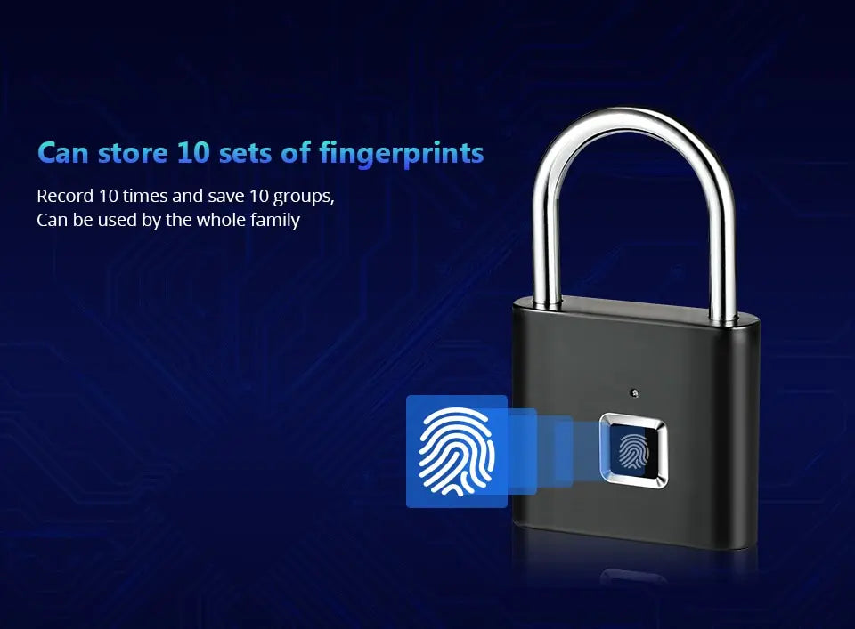 The KERUI Keyless Fingerprint Padlock, shown on a blue background, features advanced fingerprint technology. It can store up to 10 fingerprint sets and unlocks in just 0.2 seconds with waterproof reliability for the whole family.