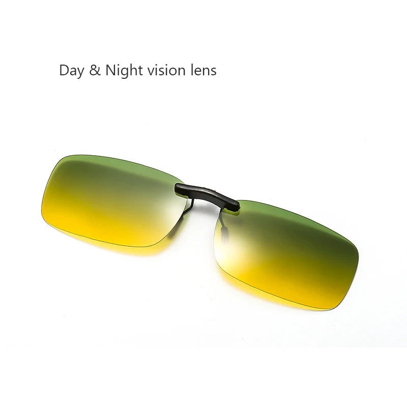 The Honey Joe Polarized Clip-On Sunglasses offer stylish rectangular black frames with green-to-yellow gradient lenses, providing UV400 protection for day and night vision against a plain white background.