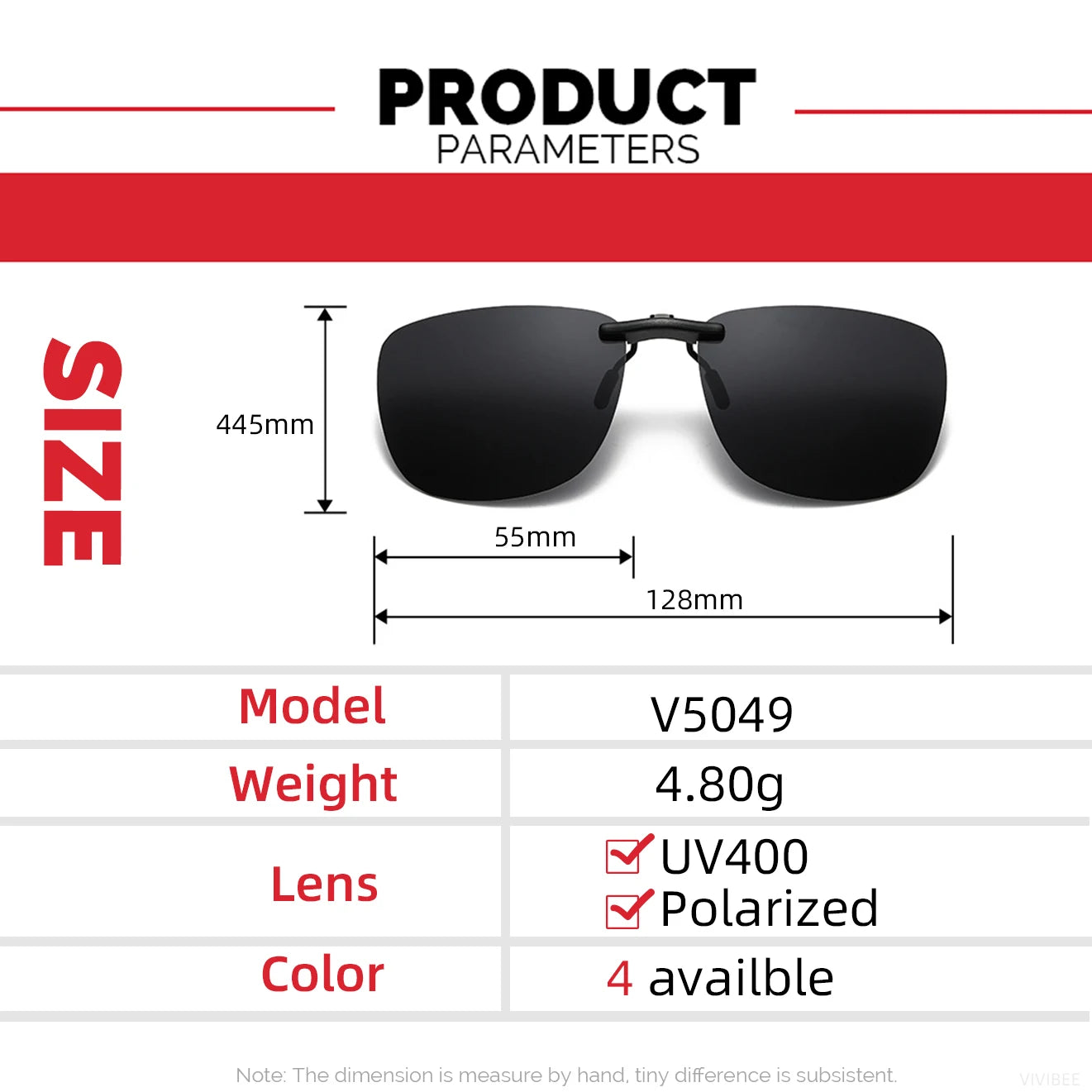 The infographic for the Polarized Clip-On Sunglasses showcases its sleek design, with dimensions of 445mm height, 128mm width, and a 55mm lens diameter. Weighing only 4.80g, it offers UV400 anti-glare protection and comes in four colors. Note: Size is approximate.