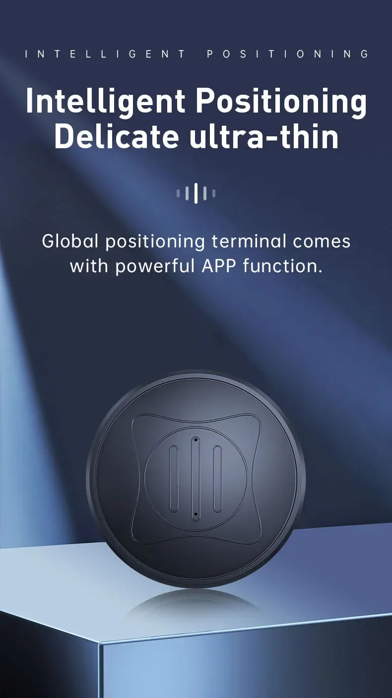 A round, black Mini Magnetic GPS Tracker: Real-Time Pet Locator sits on a blue platform, with Intelligent Positioning Delicate ultra-thin above. This device offers advanced global positioning and a powerful app for real-time pet location.