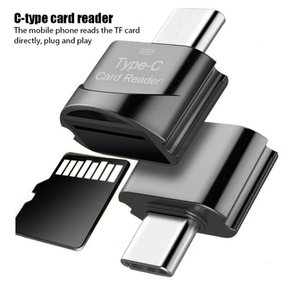 Two AICSRAD Type C to Micro-SD Adapter - Fast OTG Reader devices are shown, one facing up and one down, with a TF card nearby. This plug-and-play adapter lets Type-C devices read microSD cards directly.