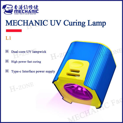 The promotional poster features the compact Mechanic L1 UV Curing Lamp, perfect for phone repairs. It has a dual-core lampwick in a blue and yellow casing with a purple UV light, offering high power and rapid UV glue curing via its Type-C interface.