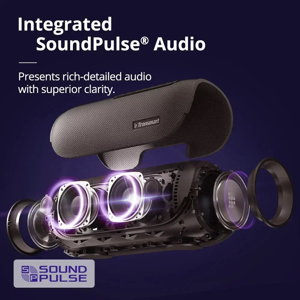 A promotional image of the Tronsmart Bang 60W Bluetooth Speaker features text stating Integrated SoundPulse Audio. The disassembled view highlights internal components with purple accents, emphasizing rich-detailed audio, heavy bass, and superior clarity.