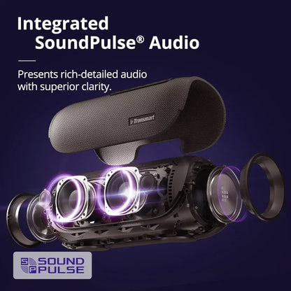 A promotional image of the Tronsmart Bang 60W Bluetooth Speaker features text stating Integrated SoundPulse Audio. The disassembled view highlights internal components with purple accents, emphasizing rich-detailed audio, heavy bass, and superior clarity.