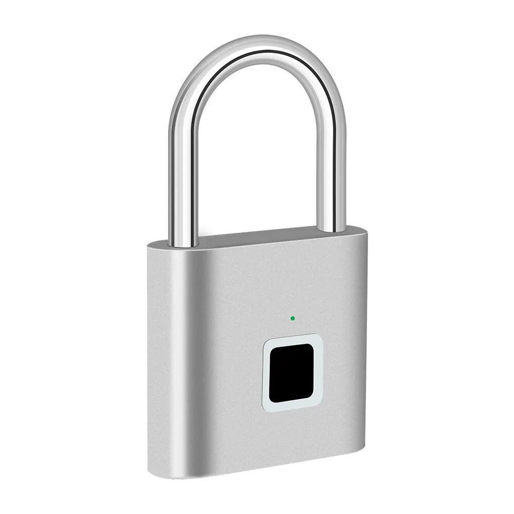 The KERUI Keyless Fingerprint Padlock in silver boasts advanced fingerprint tech with a U-shaped shackle and square sensor. A small green light above the sensor indicates its status. This waterproof unlock system is highlighted against a pristine white background.