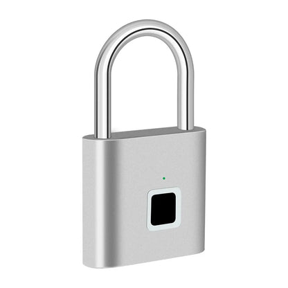 The KERUI Keyless Fingerprint Padlock in silver boasts advanced fingerprint tech with a U-shaped shackle and square sensor. A small green light above the sensor indicates its status. This waterproof unlock system is highlighted against a pristine white background.