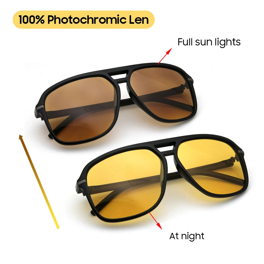 Displayed are two pairs of VIVIBEE Mens Polarized Night Vision Glasses - Stylish Clarity. The top pair, Full sun lights, has darker lenses; the bottom pair, At night, has lighter lenses. Perfect for fishing and night driving with 100% Photochromic Lens technology that adapts to light conditions seamlessly.