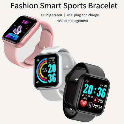 The Smart Watch for Men & Women - Bluetooth Fitness Tracker, available in pink, white, and black, features time, date, health metrics display on an HD screen. It offers seamless health management with Bluetooth music control and comprehensive fitness tracking capabilities.