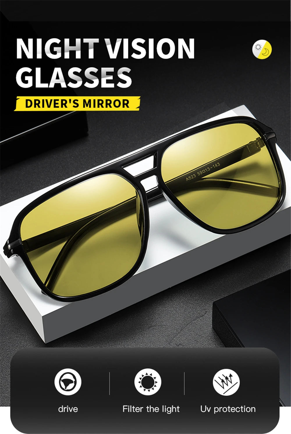The VIVIBEE Mens Polarized Night Vision Glasses, with a sleek black frame and yellow-tinted lenses, are showcased on a white platform. Text highlights their night driving benefits, including drivers mirror technology, light filtering, and UV protection for stylish clarity.