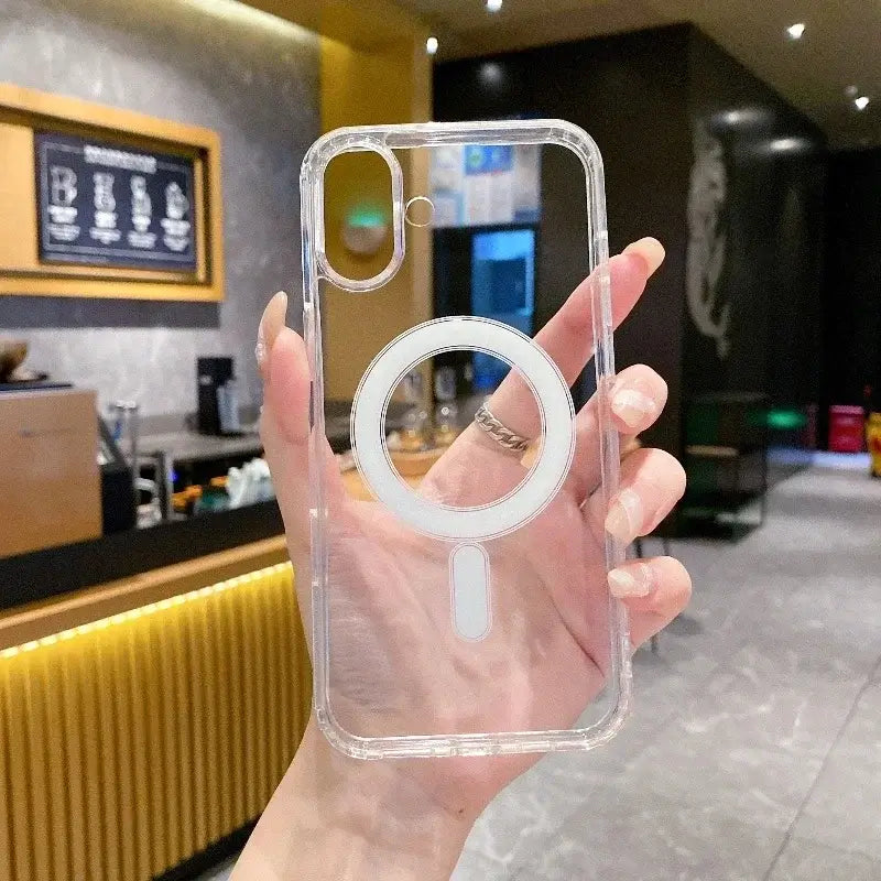 Transparent PC phone case with MagSafe wireless charging held in a hand, showcasing durable protection and seamless compatibility.