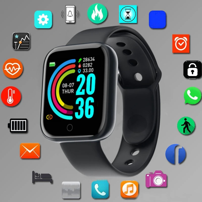A Smart Watch for Men & Women, the Bluetooth Fitness Tracker boasts multifunctionality with icons for steps, calories, date, time, music control, health, battery status, email, and camera among others.