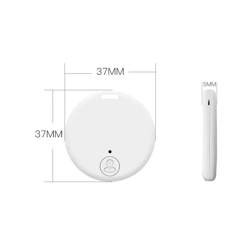The Seamopar Mini GPS Tracker, a white circular device shown in front and side views, measures 37mm x 37mm with a 5mm thickness and includes a small bottom button. This compact Bluetooth key finder provides anti-theft alerts to keep your valuables secure.