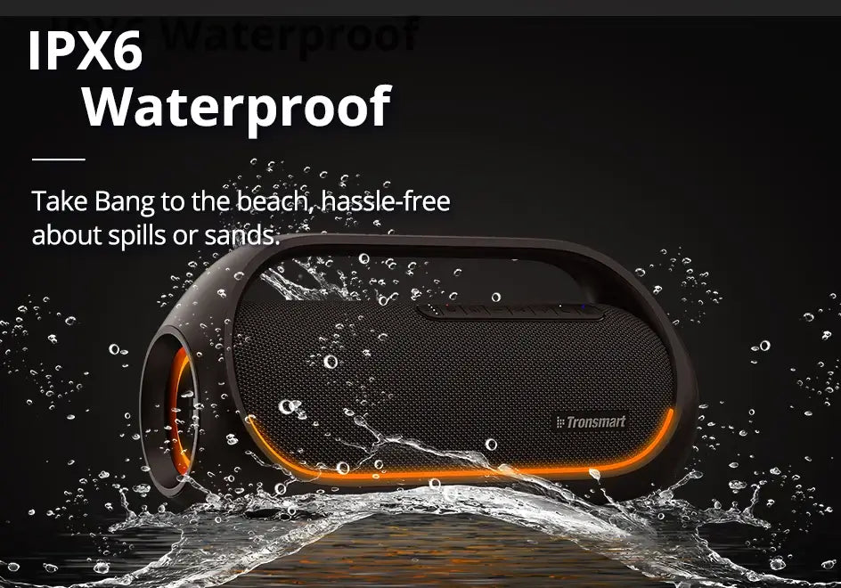 The Tronsmart Bang Speaker is a black and orange 60W Bluetooth speaker with heavy bass, IPX6 waterproof rating, and app control, perfect for beach trips without worrying about spills or sand.