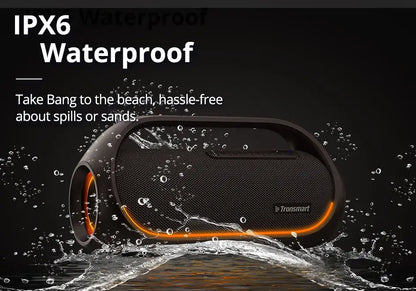 The Tronsmart Bang Speaker is a black and orange 60W Bluetooth speaker with heavy bass, IPX6 waterproof rating, and app control, perfect for beach trips without worrying about spills or sand.