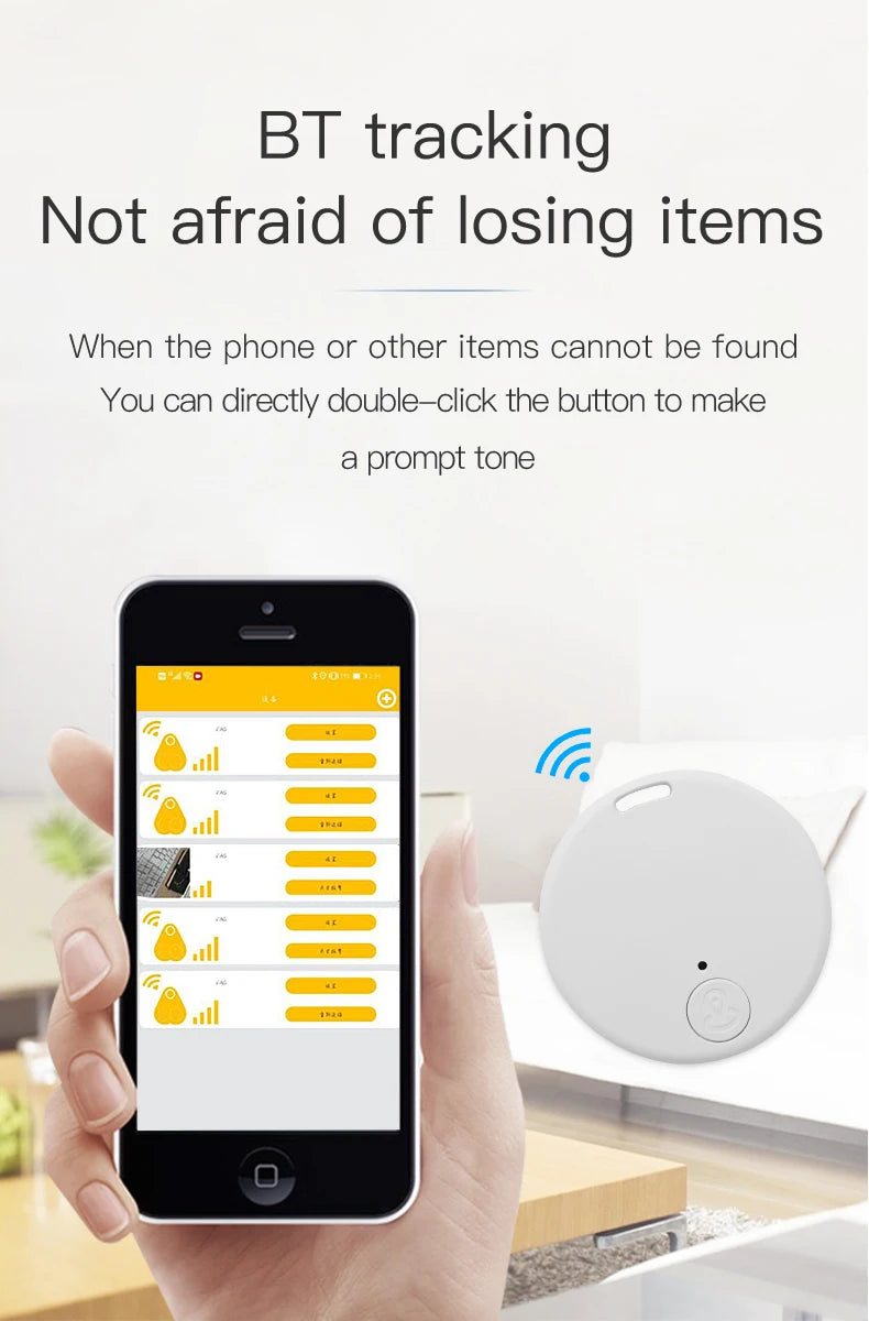 A hand holds a smartphone showing a list on a tracking app. Beside it is the Seamopar Mini GPS Tracker, a round Bluetooth device. Text reads: BT tracking: Compact Anti-Lost Bluetooth Key Finder, no fear of losing items.