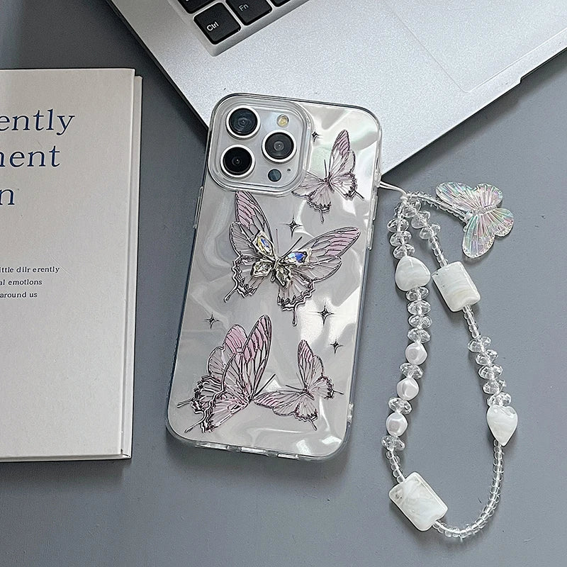 Étui de luxe pour iPhone avec chaîne pailletée en forme de papillon