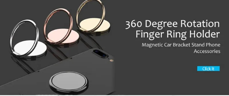 A set of four Luxury Metal 360° Rotation Mobile Phone Ring Holders in silver, gold, rose gold, and black is displayed with a phone. Featuring a magnetic feature for car bracket stands, the image includes a Click it button.
