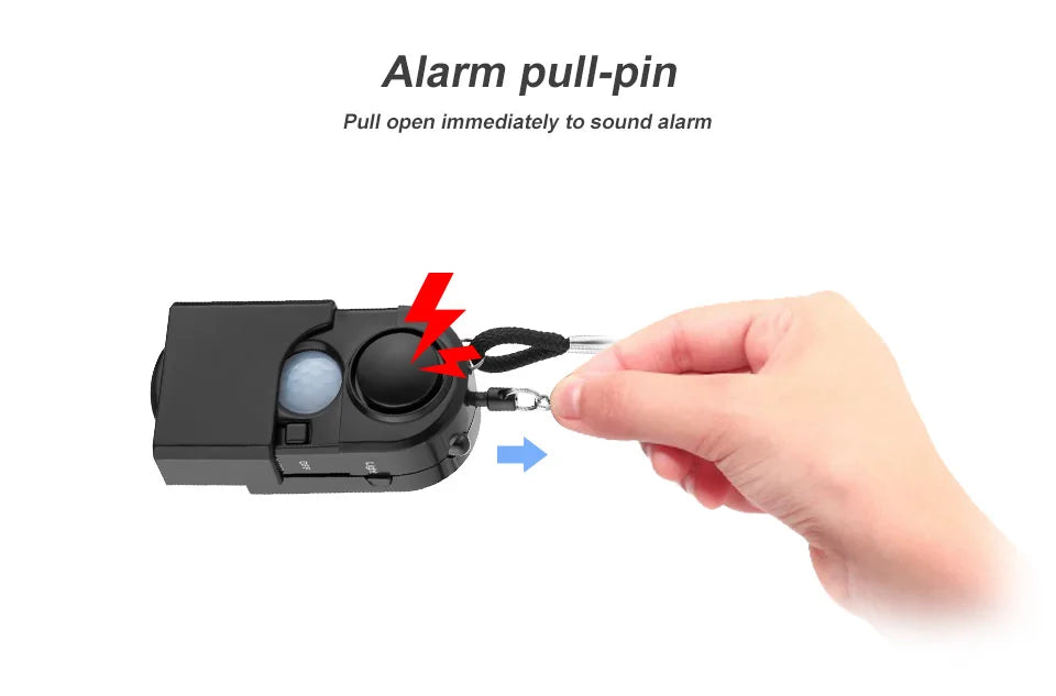 A hand pulls the pin on the KERUI Mini Motion Detector Alarm, triggering red lightning symbols to show how its 120DB siren is activated in emergencies. Text instructions appear above the black device.