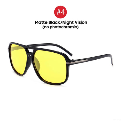 VIVIBEE Mens Polarized Night Vision Glasses in Matte Black are perfect for fishing or night driving, featuring yellow-tinted lenses with a #4 in a red circle above them on a white background. These non-photochromic sunglasses ensure clarity and style.